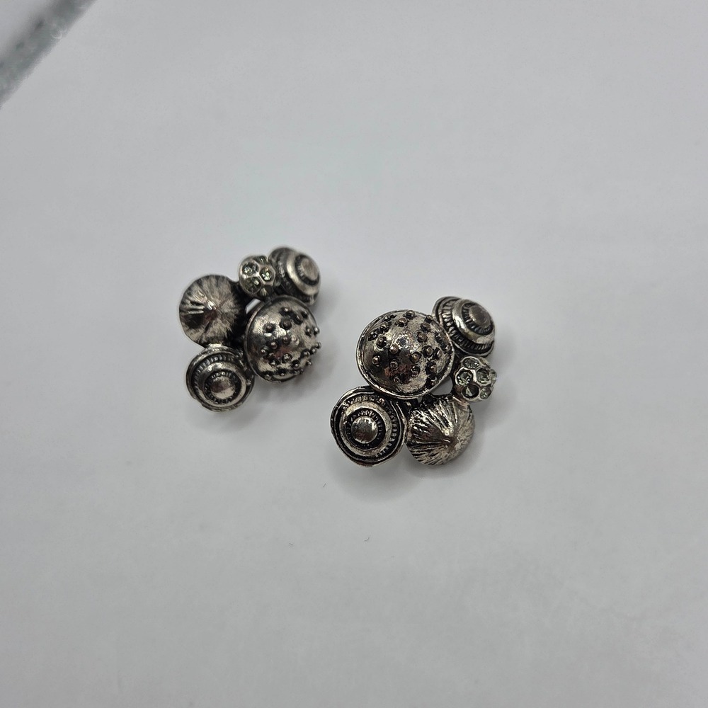 Silver Tone Mixed Button Cluster Clip On Earrings Rhinestone Textured Statement